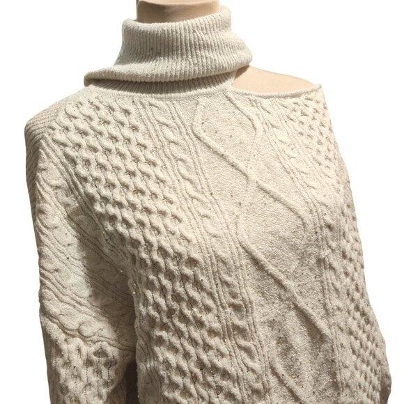 Sofia Jeans M Cream Cable Knit Cold Shoulder Turtleneck Sweater Metallic Sequins - Picture 6 of 16